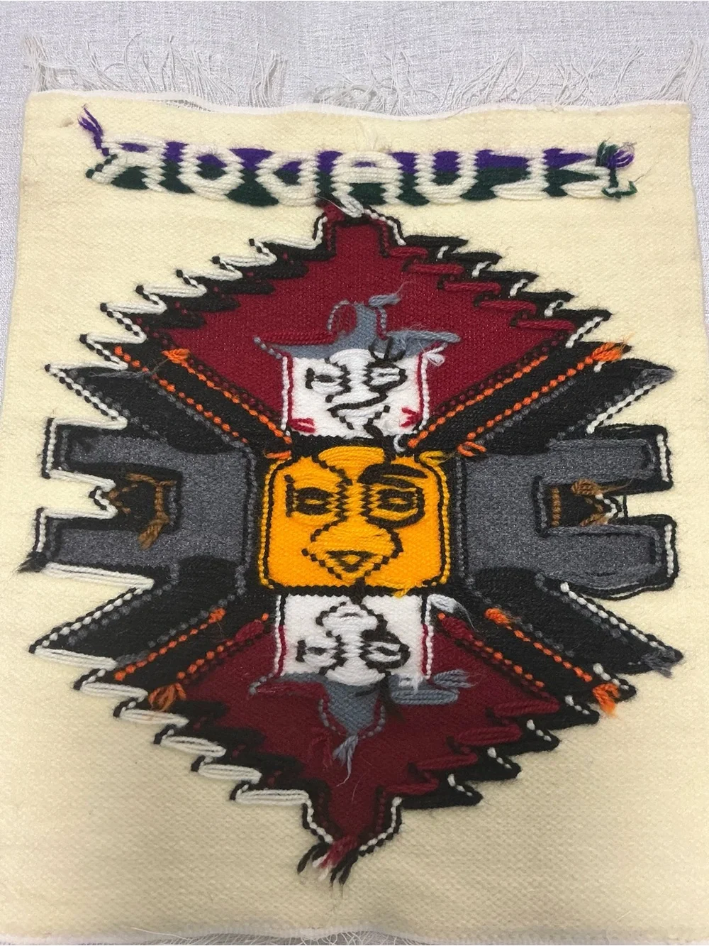Vintage Ecuadorian Hand Woven Wool Tapestry Wall Hanging Ecuador Sun Folk Art